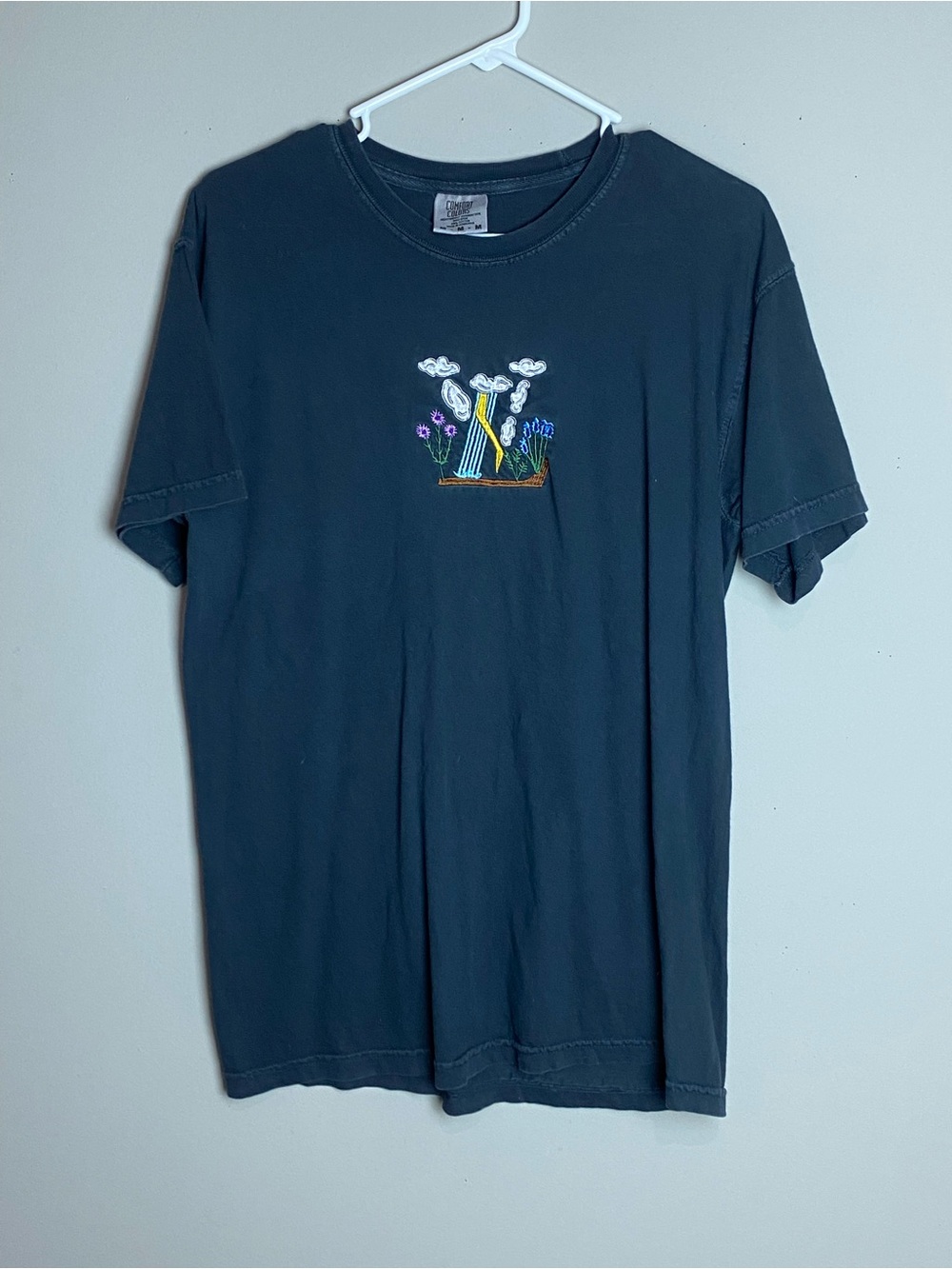 Comfort Colors Black Short Sleeve Tee with Small Colorful Embroidered Garden